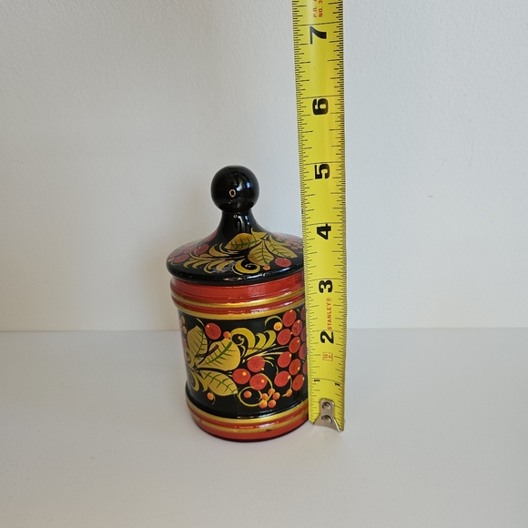 Russian Lacquered Wood Box Jar Lid Hand Painted Khokhloma Canister Folk Art - Picture 8 of 8